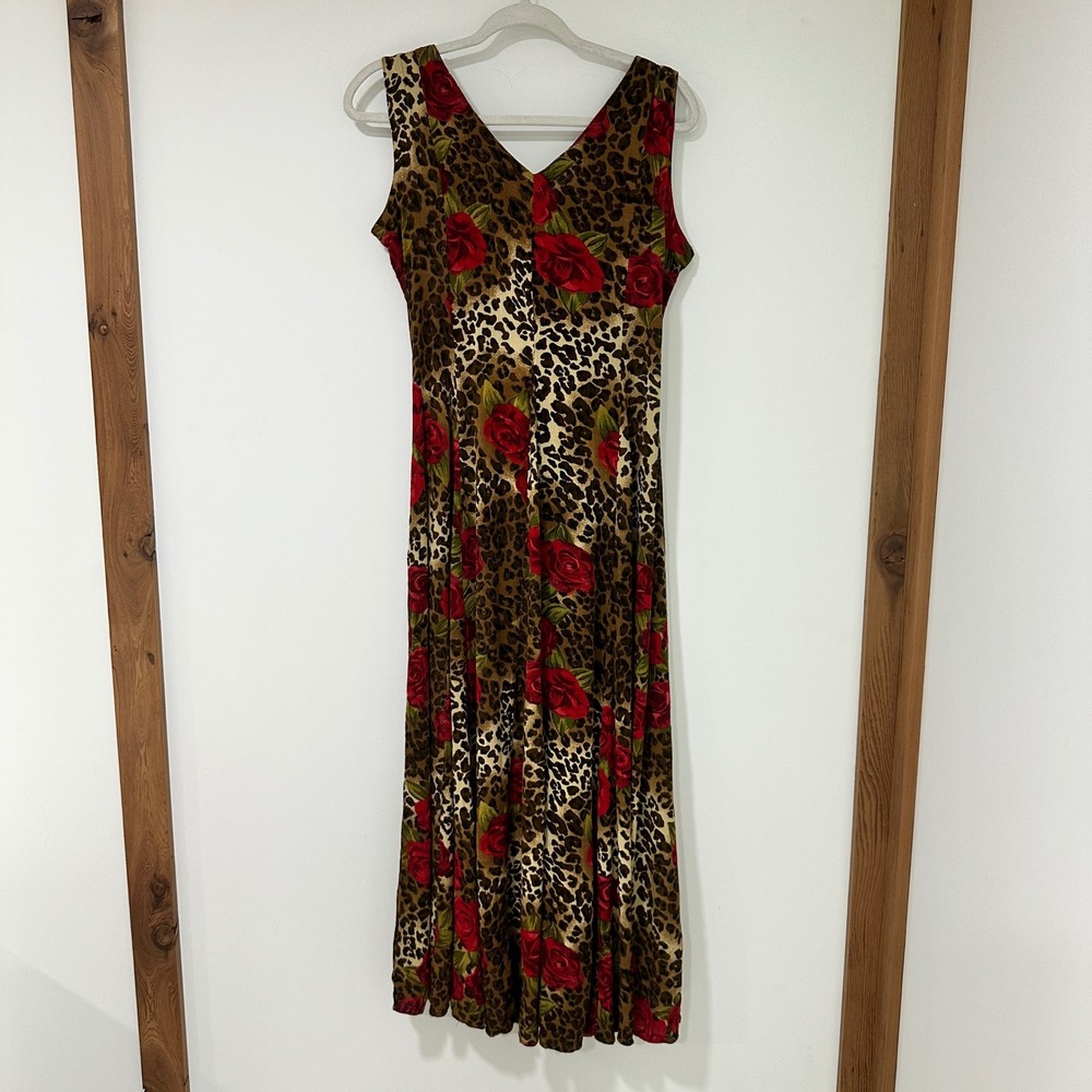 Bila Vintage Leopard Rose Print Maxi Dress Womens S Rayon Mobwife Y2K